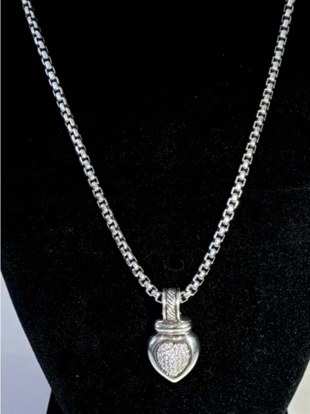 David Yurman 18 inch diamond pave heart necklace 925 silver. Beautiful heavy!
